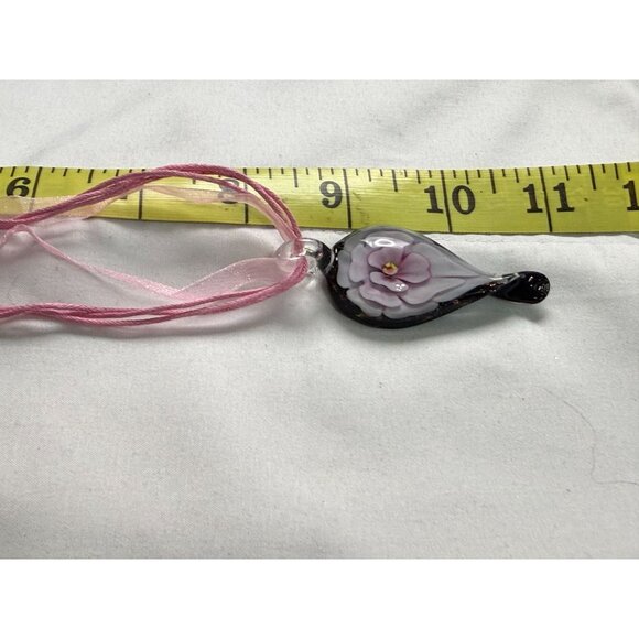 Murano Style Glass Flower Necklace & Earrings Set – Pink Ribbon Cord – Fashion J - Picture 10 of 16